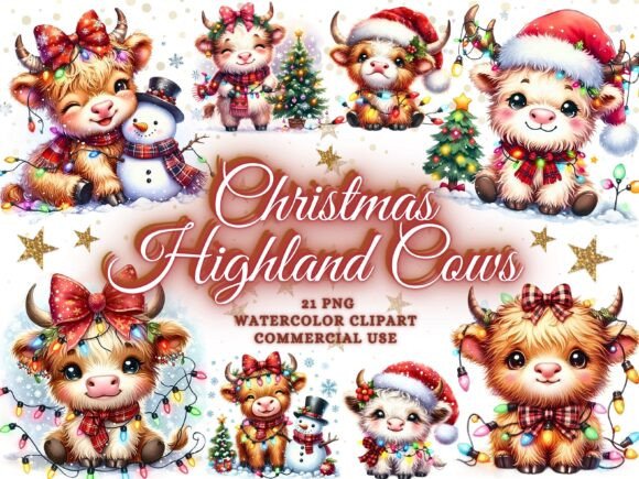 Christmas Highland Cow Christmas Clipart: Festive Design Assets